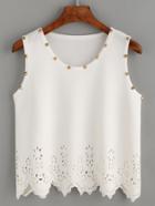 Romwe White Scalloped Hollow Out Studded Tank Top