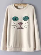 Romwe Cat Pattern Beige Sweatshirt With Sequined