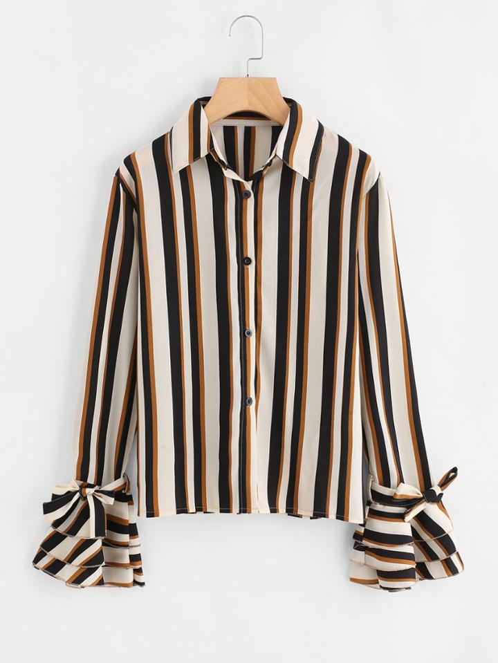 Romwe Tiered Sleeve Single Breasted Striped Shirt