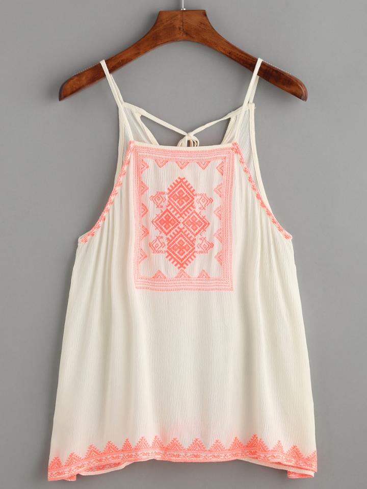 Romwe Apricot Embroidery Tape Lace Up Cami Top