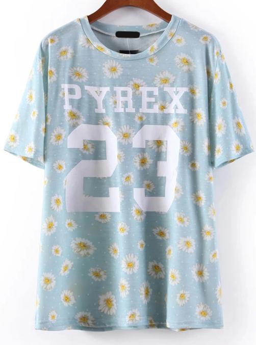 Romwe Daisy 23 Print Blue T-shirt