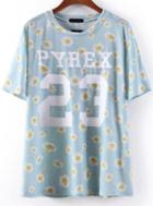Romwe Daisy 23 Print Blue T-shirt