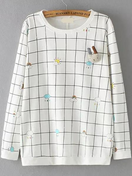 Romwe Long Sleeve Plaid Cloud Print White T-shirt