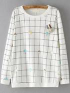 Romwe Long Sleeve Plaid Cloud Print White T-shirt