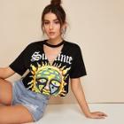 Romwe Cartoon Sun Print Choker Neck Crop Tee