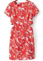 Romwe Red Short Sleeve Leaves Print Midriff Dress