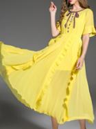Romwe Yellow Beading Ruffle Pleated A-line Dress
