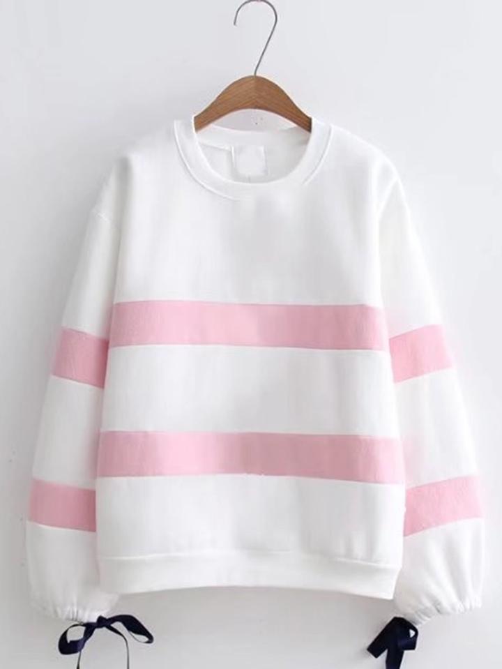 Romwe Tied Cuff Striped Sweatshirt