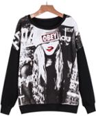 Romwe Black Long Sleeve Beauty Print Sweatshirt