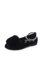 Romwe Faux Fur Decorated Beaded Ankle Strap Suede Flats