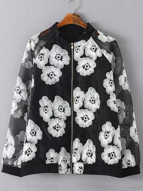 Romwe Stand Collar Organza Embroidered Jacket