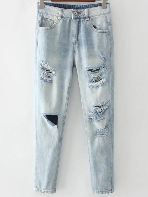Romwe Light Blue Ripped Button Fly Jeans