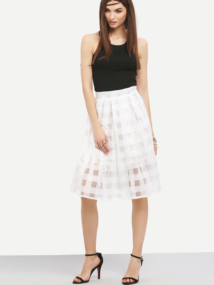 Romwe Plaid Organza Flare Skirt