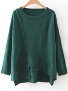 Romwe Green Round Neck Ribbed Trim Asymmetrical Sweater