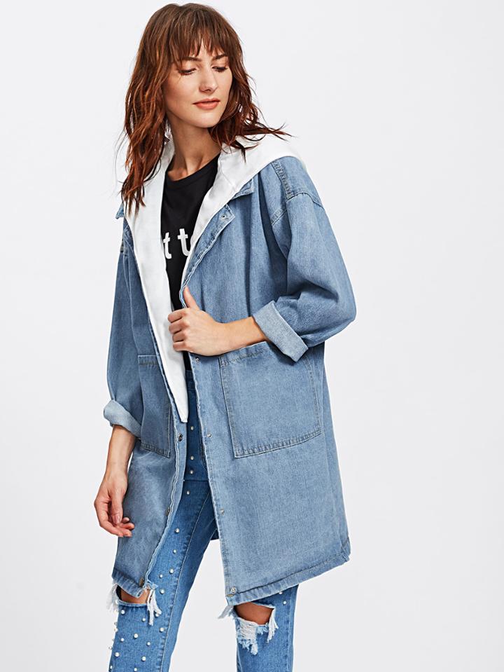 Romwe Drop Shoulder Hooded Denim Coat