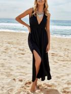 Romwe Black Double V Neck Split Dress