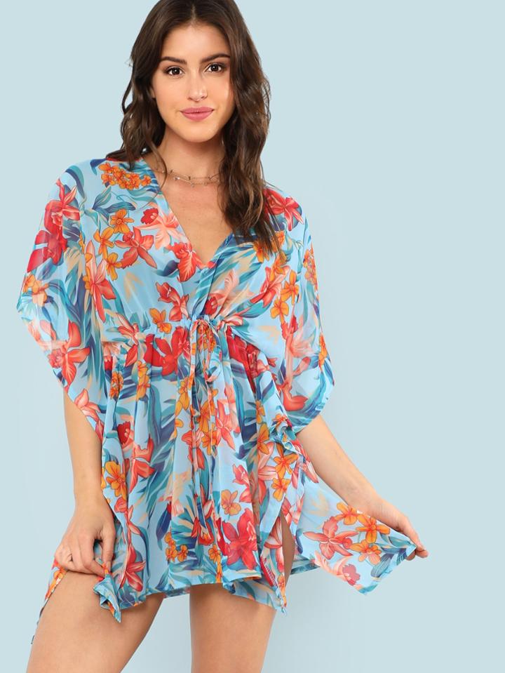 Romwe Flower Pattern V Plunge Cover Up