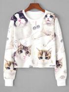 Romwe Cat Random Print Crop Sweatshirt