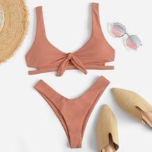 Romwe Cut-out Top With High Cut Bikini Set