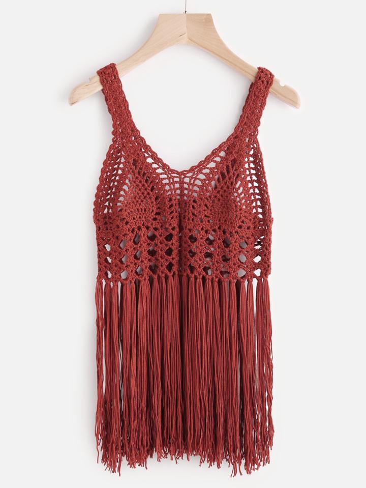 Romwe Hollow Out Fringe Hem Crochet Cover Up