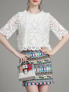 Romwe White Crochet Hollow Out Top With Print Skirt