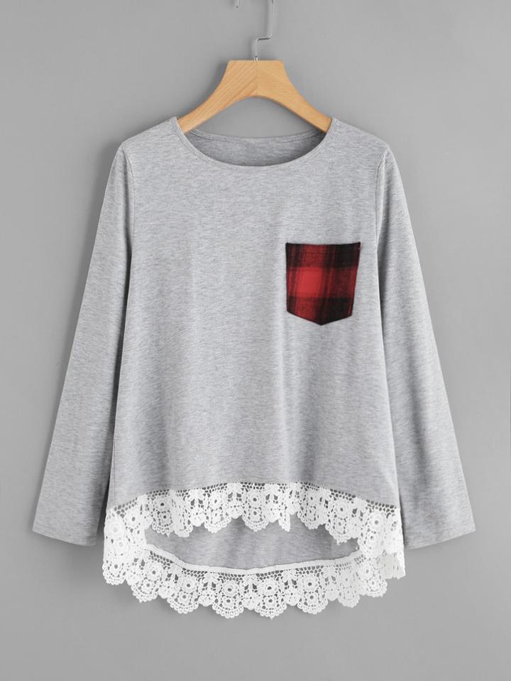 Romwe Contrast Chest Pocket Lace Hem High Low Tee