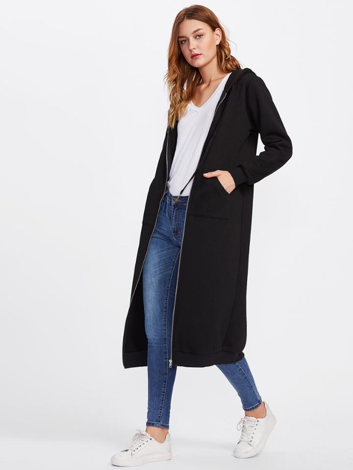 Romwe Patch Pocket Front Longline Hooded Jersey Coat