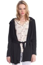Romwe Black Hoodie Belt Waist Open Long Coat