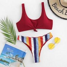 Romwe Plain Top With Mix And Match Striped Bikini Set