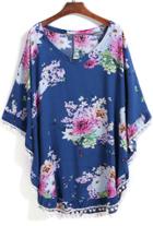 Romwe Blue V Neck Floral Twisted Ball Loose Blouse