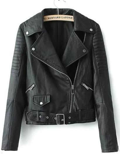 Romwe Black Lapel Oblique Zipper Crop Pu Jacket