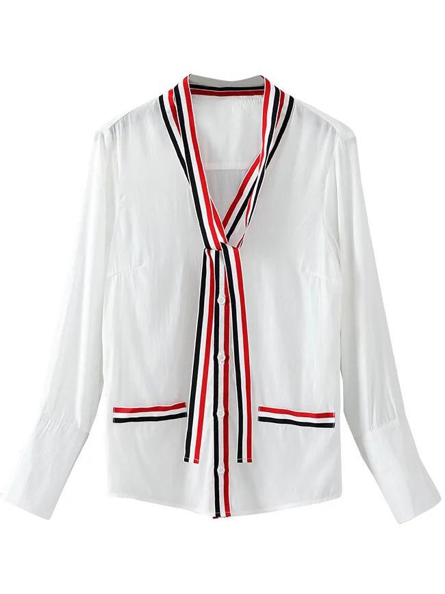Romwe White Striped Trim Blouse With Tie