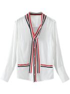 Romwe White Striped Trim Blouse With Tie