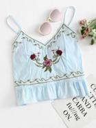 Romwe Ruffle Hem Floral Embroidered Cami Top