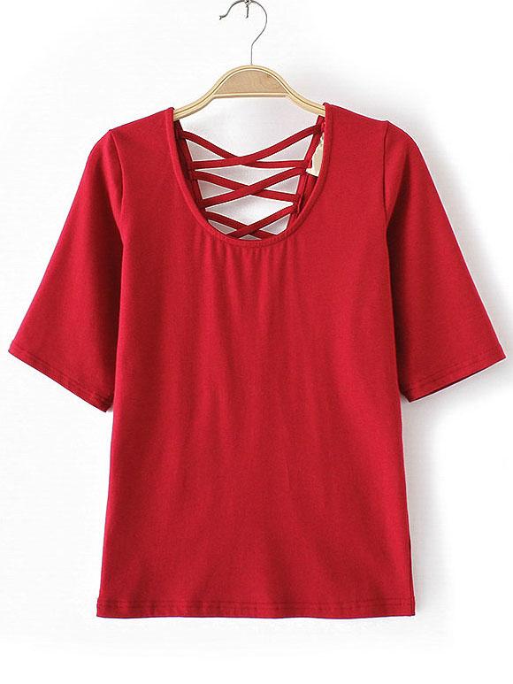 Romwe Red Criss Cross V Back T-shirt