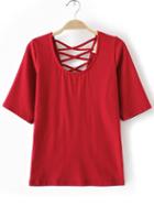 Romwe Red Criss Cross V Back T-shirt