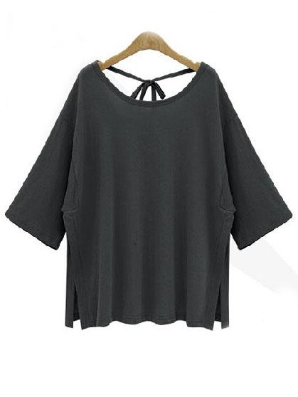Romwe Dark Grey Tie-back Side-slit T-shirt