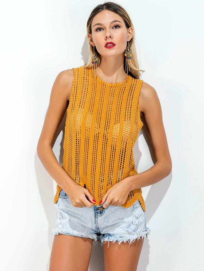 Romwe Turmeric Crochet Hollow Out Tank Top