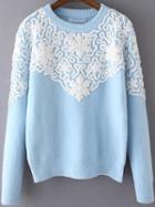 Romwe Round Neck Disc Flowers Blue Sweater