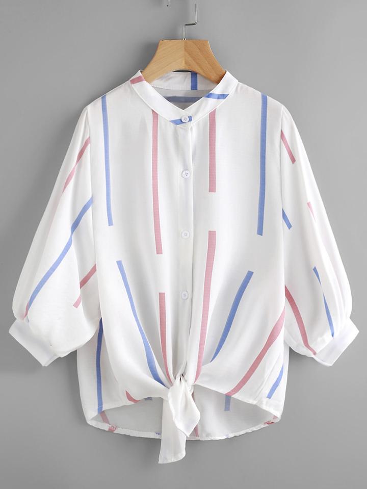 Romwe Puff Sleeve Tie Front Blouse