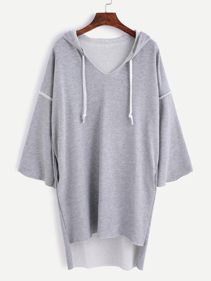 Romwe Grey Drop Shoulder High Low Drawstring Hooded Sweatshirt Dress