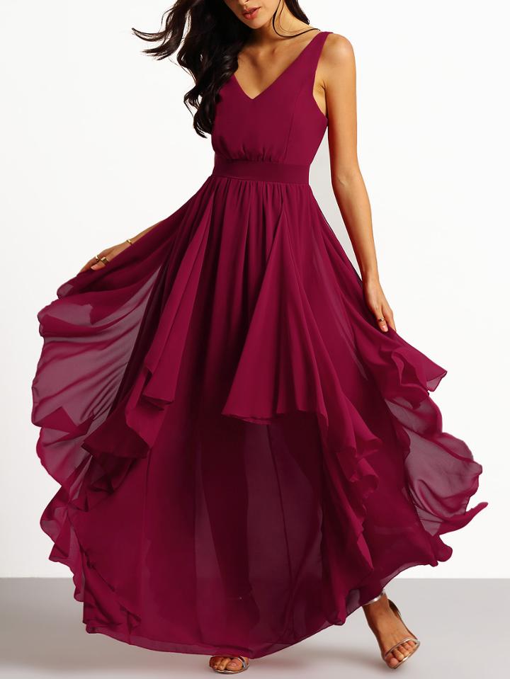 Romwe Burgundy Deep V Neck Maxi Chiffon Dress