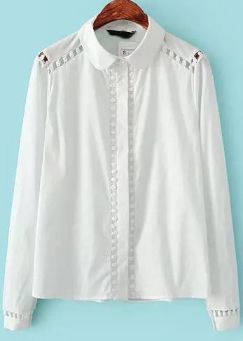 Romwe White Lapel Long Sleeve Hollow Blouse
