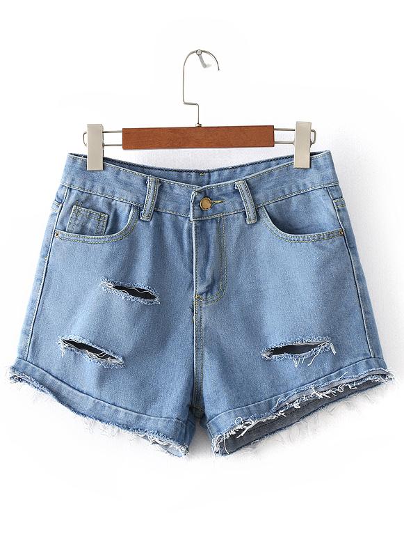 Romwe Light Blue Pockets Fringe Ripped Hole Denim Shorts