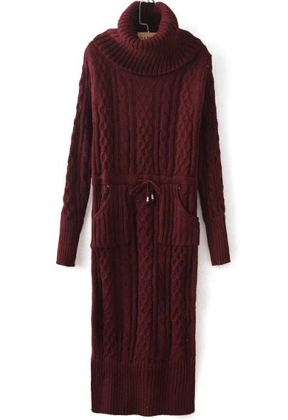Romwe Wine Red High Neck Long Sleeve Cable Knit Sweater Dress