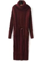 Romwe Wine Red High Neck Long Sleeve Cable Knit Sweater Dress