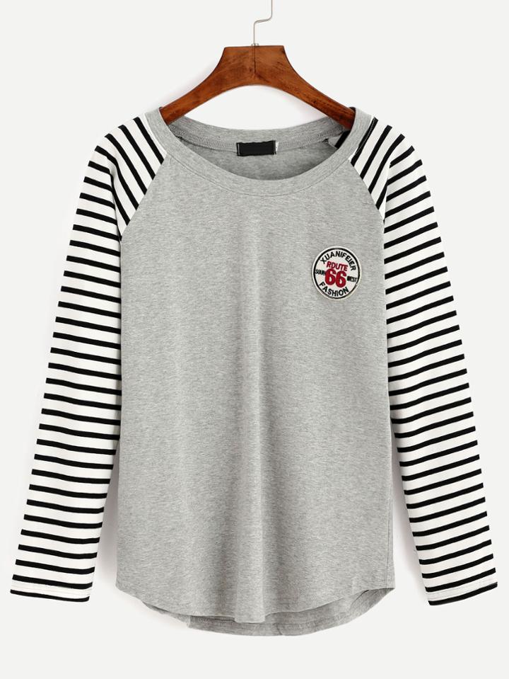 Romwe Heather Grey Striped Raglan Sleeve T-shirt