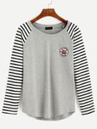 Romwe Heather Grey Striped Raglan Sleeve T-shirt