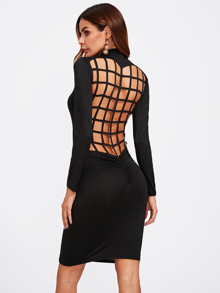 Romwe Laser Cut Back Shirred Detail Dress