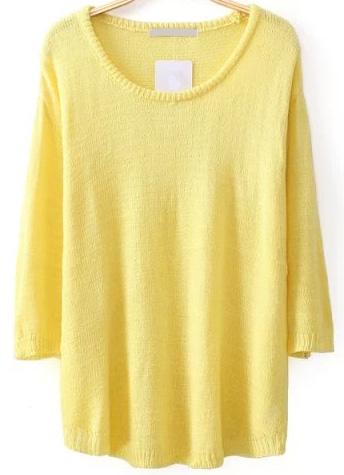 Romwe Round Neck Sheer Knit Yellow Sweater